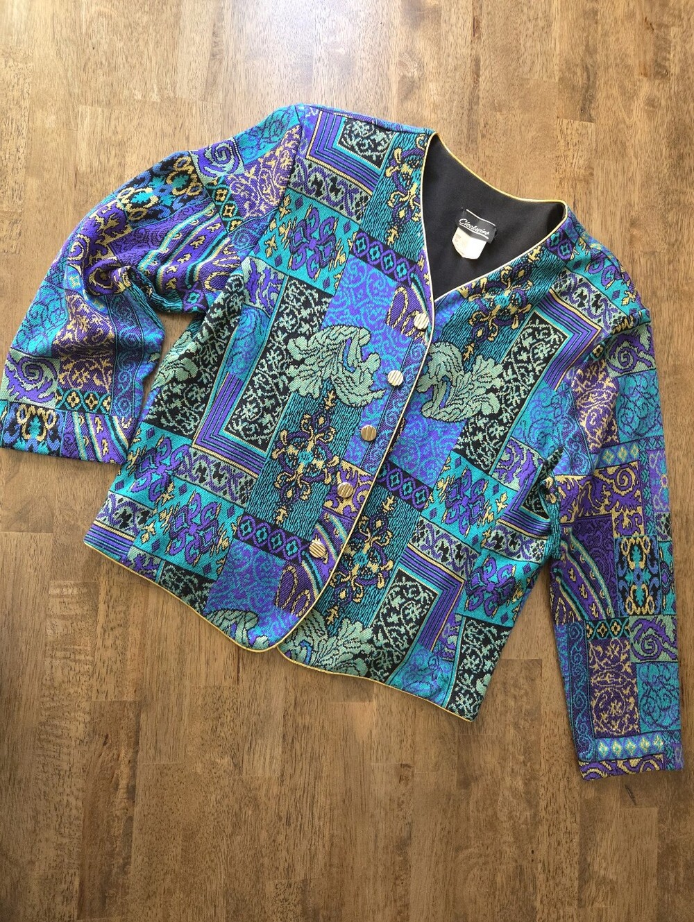 Vintage Victorian Inspired Patchwork Cardigan - Shoulder Pads Gold Piping